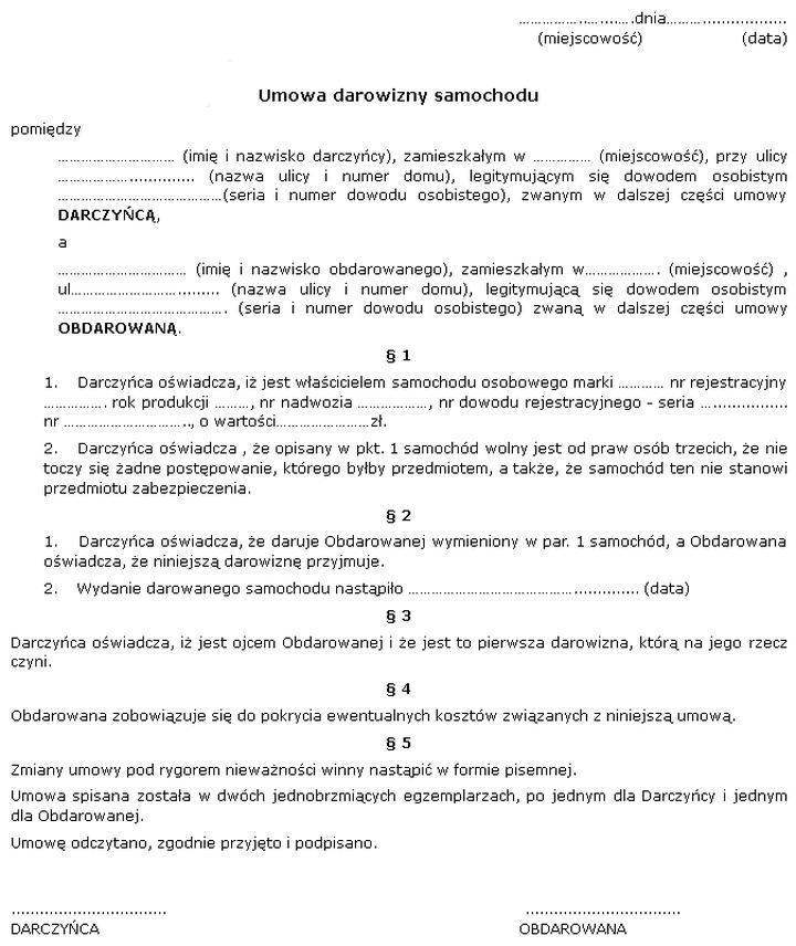 Opłaty skarbowe darowizna samochodu
